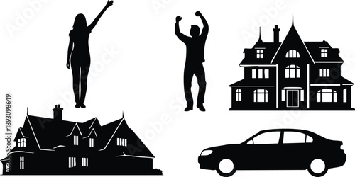Silhouettes of happy man and woman celebrating above vintage houses with classic sedan car side view isolated black shapes on white background