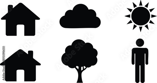 Simple black silhouette icons collection featuring two houses cloud tree sun and standing human figure isolated on white background clean minimalist design style