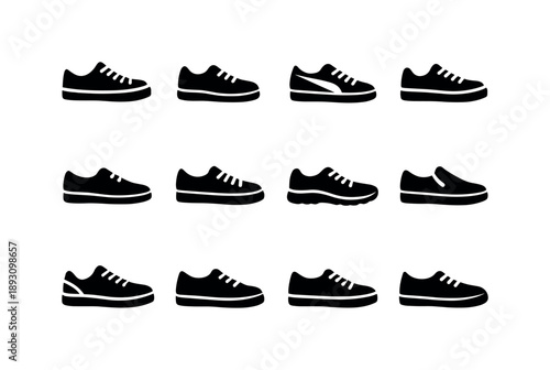 Casual Sneakers Icons. Casual sneakers. Solid icon set of Casual sneakers: low-top canvas, everyday shoe, side stripe sneaker, rubber sole, minimal shoe,