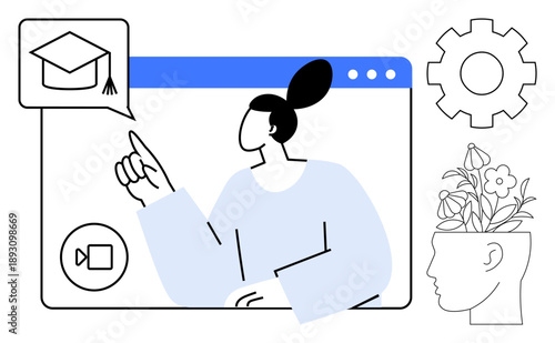 Woman interacting with virtual screen displaying graduation icon, video conferencing tools, brain growth, and creativity. Ideal for education, innovation, e-learning, self-growth, technology
