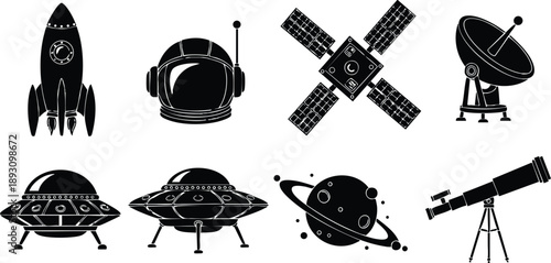 Black silhouette space vectors including rocket ship launching satellite dish alien spaceship planet with rings and telescope in flat minimal design style