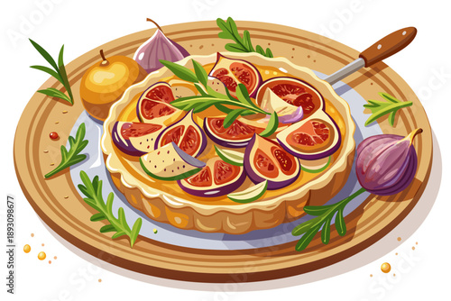 A delicious tart with figs and garnished with rosemary, served on a rustic plate with honey and fresh herbs.