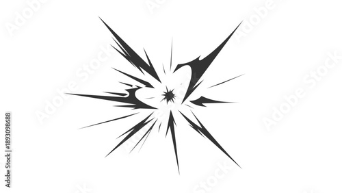 Abstract white background with black sharp explosion symbol forming compact comic style burst. Jagged impact lines radiating from the center, creating dynamic energy effect, suitable for action.
