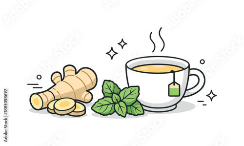 Natural Tea Ingredients. Natural tea ingredients. Ginger, mint leaves, and tea cup arranged in a calm, balanced layout. Feeling of wellness, care, and homemade