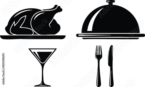 Minimalist black and white vector art of roasted chicken on plate with cloche cover wine glass fork and knife set in simple dining concept design