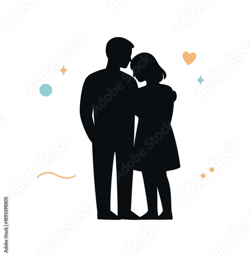 Silhouetted Intimacy. Couple silhouettes illustration. A calm editorial scene of two minimal silhouettes standing close together, their shapes softly balanced