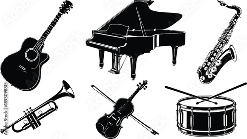 Black and white vector art of acoustic guitar trumpet grand piano saxophone violin with bow and snare drum with crossed drumsticks isolated on white background elegant musical instruments set