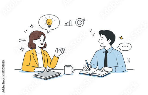 Business Idea Exchange. Business communication. One professional presenting an idea while another listens attentively, nodding and taking notes. The mood