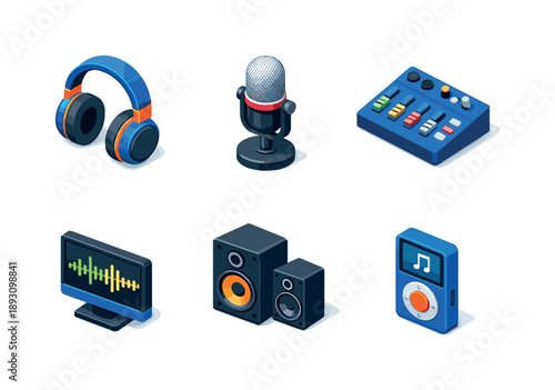 Isometric Audio Icon Grid. Audio Media. Isometric flat vector icons set of Audio Media: headphones, studio microphone, audio mixer, waveform display, speaker