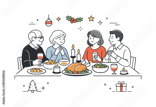 Family Christmas Dinner. Christmas Eve traditions family dinner. Family sitting at a table with simple festive dishes and candles, calm conversation and gentle