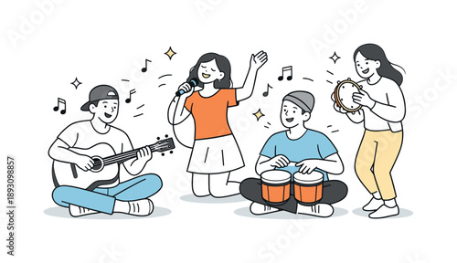 Joyful Music Jam. Music jam session energy. Group enjoying the music together with relaxed smiles and movement. Joy, expression and shared creative moment.