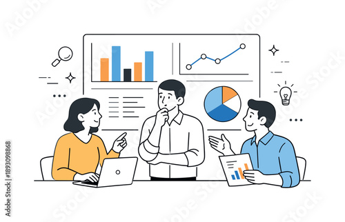 Team Analysis Collaboration. Data analysts collaboration. Small team reviewing charts and graphs together on a large screen, thoughtful discussion and shared