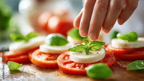 Hand placing fresh basil on caprese salad with tomatoes and mozzarella Italian cuisine