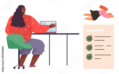 Productivity, creative thinking, task management, remote work, goal setting, motivation. A woman works at a desk, with a checklist and a flying figure. Productivity and creative thinking concepts