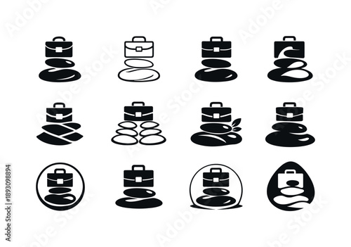 Mindfulness Work Logos. Mindfulness at work. Icon set. Set Logo of Mindfulness at work: balanced stones with briefcase. harmonious logo variations of the same