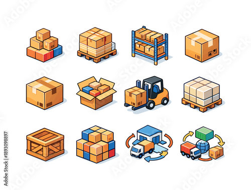 Warehouse Icon Set. Warehouse Storage. Colorful isometric vector icons set of Warehouse Storage: storage boxes stack, pallet with cartons, warehouse shelf