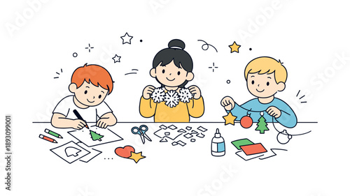 Kids Holiday Crafting. Children decorating for holidays. Kids drawing, cutting, and assembling ornaments together. Shared focus and playful teamwork with
