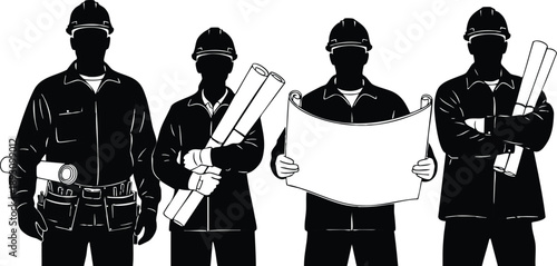 Black and white silhouette vector art of four construction worker men wearing helmets holding blueprints and plans frontal view standing together with detailed tools and uniforms illustration