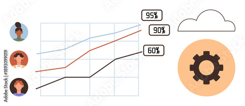 Business strategies, performance tracking, cloud technology, teamwork, data analysis, productivity enhancement. Progress graph with team avatars, percentages cloud gear. Business strategies