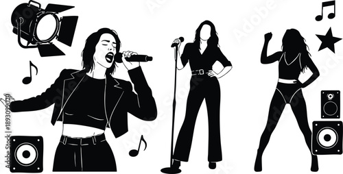 Monochrome vector art showing female singer holding microphone singing passionately spotlighted on stage with dancer posing near speaker music notes and star design silhouette style