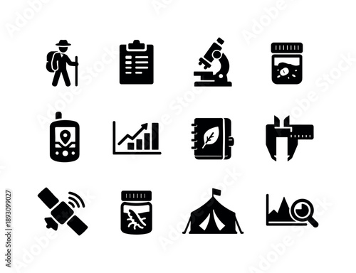 Scientific Expedition Icons. Scientific Expedition. Solid icon set of Scientific Expedition: researcher figure, clipboard, microscope, sample container, GPS