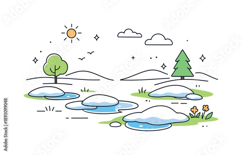 Spring Thaw Scene. Melting snow illustration. A simple landscape with snow patches shrinking into small puddles, suggesting the arrival of spring. The mood is