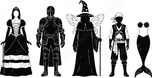 Silhouette vector art of fantasy characters including princess with crown knight in armor fairy wizard with wings and hat pirate with bandana and mermaid tail costume set in black and white design