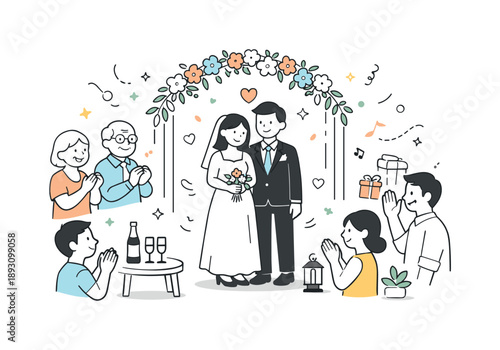 Joyful Wedding Ceremony. Wedding celebration illustration. A couple standing together under a floral arch, smiling guests nearby, with gentle decorations and