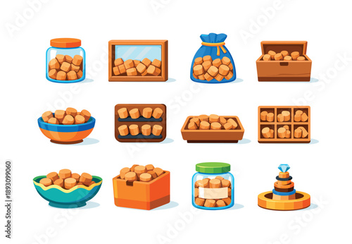 Cork Storage Icons. Cork storage. Colorful flat vector icons set of cork storage: cork jar, display frame, mesh bag, cork box, collector?s bowl, wall-mounted
