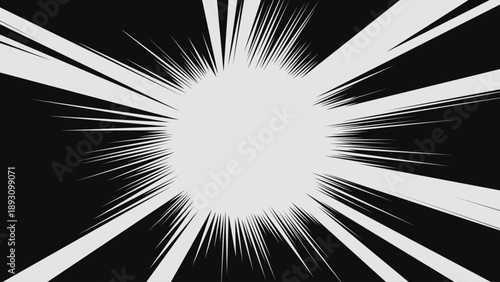 Comic style central burst with sharp white speed lines radiating from the center on black background. Suitable for manga, anime, action scenes.