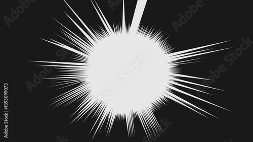 Comic style central burst with sharp white speed lines radiating from the center on black background. Suitable for manga, anime, action scenes.