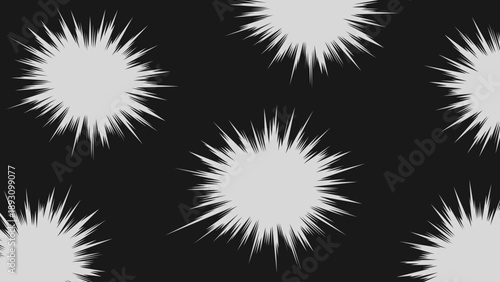 Chaotic arrangement of comic style radial impact bursts with sharp white spikes on black background. Dynamic manga explosion effects scattered across the composition.