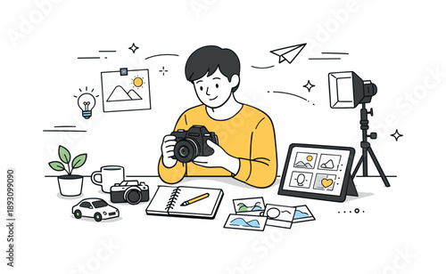 Photography Hobby Setup. Photography hobby setup. A person checking a camera, arranging props, and planning shots for a creative photography session. Calm,