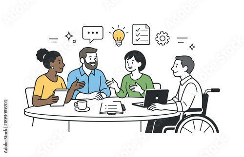 Diverse Team Collaboration. Inclusive teamwork. A diverse group of professionals discussing tasks and listening to each other with attention. Supportive