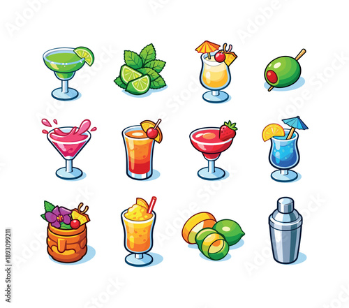 Colorful Cocktail Icons. Cocktail specials. Colorful isometric vector icons set of cocktail specials: margarita glass, mojito sprig, pina colada, martini