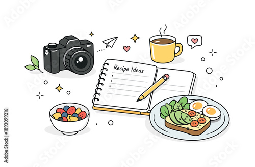 Cozy Food Blogging Scene. Food blogging lifestyle. A cozy scene with a camera, notebook, and prepared food on a table, suggesting planning, storytelling, and