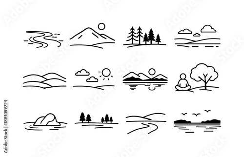 Calm Nature Icons. Calm natural scenery. Line icon set of Calm natural scenery: peaceful river flow, gentle mountain slope, quiet woods, open landscape, smooth