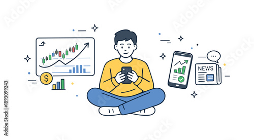Minimalist Stock Exchange Illustration. Stock exchange concept. Minimal scene with stock chart, smartphone, and news icon elements floating around a central