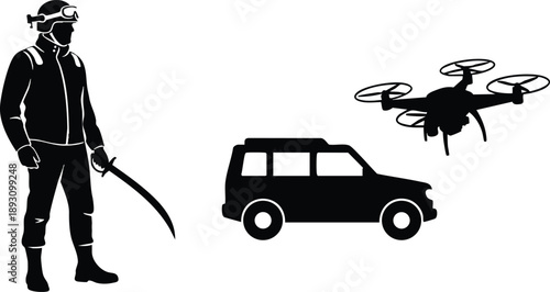 Silhouette of man wearing helmet holding curved sword standing near off road vehicle facing flying quadcopter drone with white background isolated vector art
