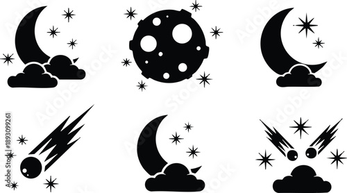 Minimalist black vector icons of crescent moon with clouds and stars cosmic objects meteor shower falling space elements night sky symbols art