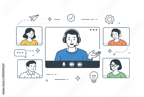 Remote Leadership Call. Team leader remote management. A leader speaking through a video call interface while team members appear on screens. Modern leadership