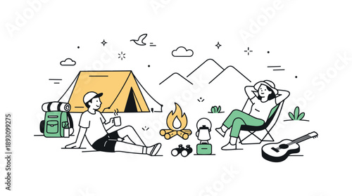 Tranquil Camping Retreat. Nature getaway. Campers enjoying a quiet break in nature with a tent and simple equipment. Rest, freedom, and fresh air expressed