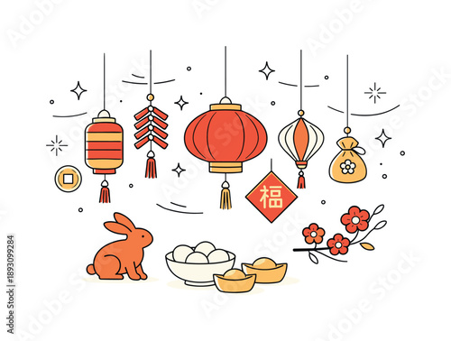 Lunar New Year Elegance. Lunar New Year festive illustration. Modern minimal decorations inspired by traditional symbols, with lanterns and hanging details
