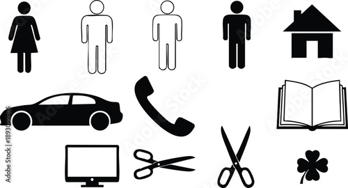Minimalist vector icon set featuring gender icons male and female figures house car phone computer scissors book clover leaves simple black and white design