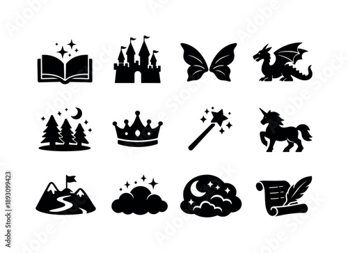 Fairy Tale Icons. Fairy tale time. Solid icon set of Fairy tale time: magic book, castle silhouette, fairy wings, dragon icon, enchanted forest, story crown,