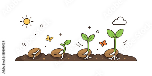 Sprouts Emerging. Seeds sprouting concept illustration. Small seeds breaking open in the soil as fresh green sprouts rise upward. The scene feels hopeful,