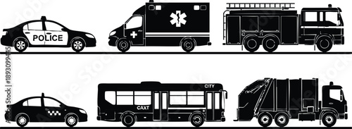 Silhouette black police car ambulance fire truck taxi city bus garbage truck side view public transport emergency vehicles flat design vector art set