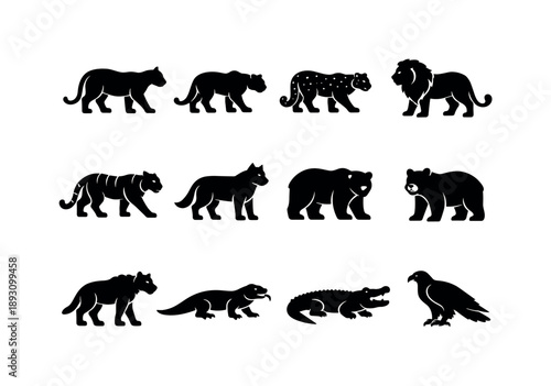 Wild Carnivore Icons. Wild Big Carnivores. Solid icon set of Wild Big Carnivores: mountain lion, jaguar, snow leopard, African lion, Bengal tiger, gray wolf,