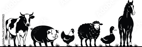 Black and white vector art showing side view of cow pig chicken sheep duck and horse standing in a row on grass silhouette style farm livestock animals composition