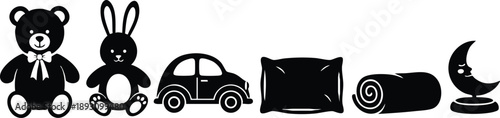 Silhouette vector art featuring teddy bear rabbit toy car pillow blanket crescent moon decoration arranged in a straight line isolated on white background